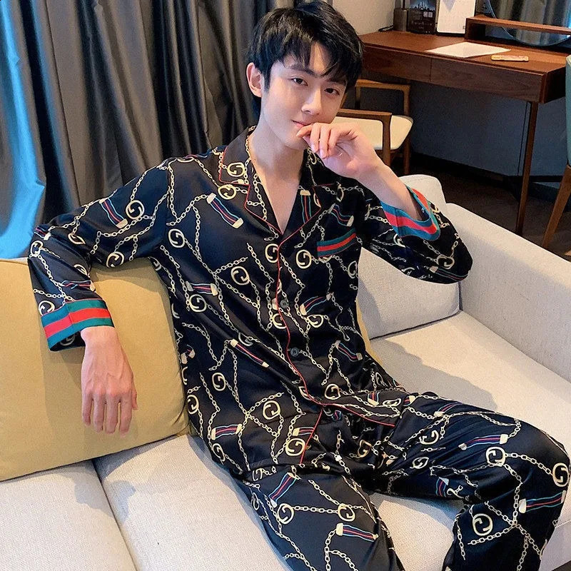 Fashion Pajamas Mens Spring and Autumn Long sleeved Pants Pajamas Youth Thin Ice Silk Summer Casual Set Pajamas 250317