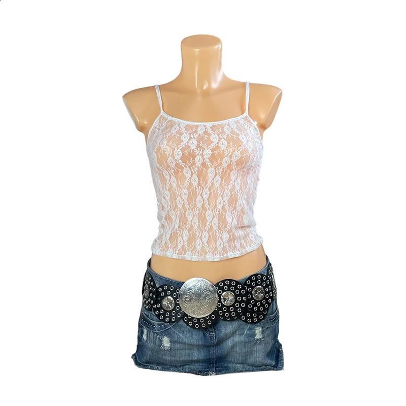 Floral Lace Mesh Sheer Camis 90s Vintage Spaghetti Strap Top Women Summer Sleeveless Vest Y2K Fairycore Backless Crop Tops 250319