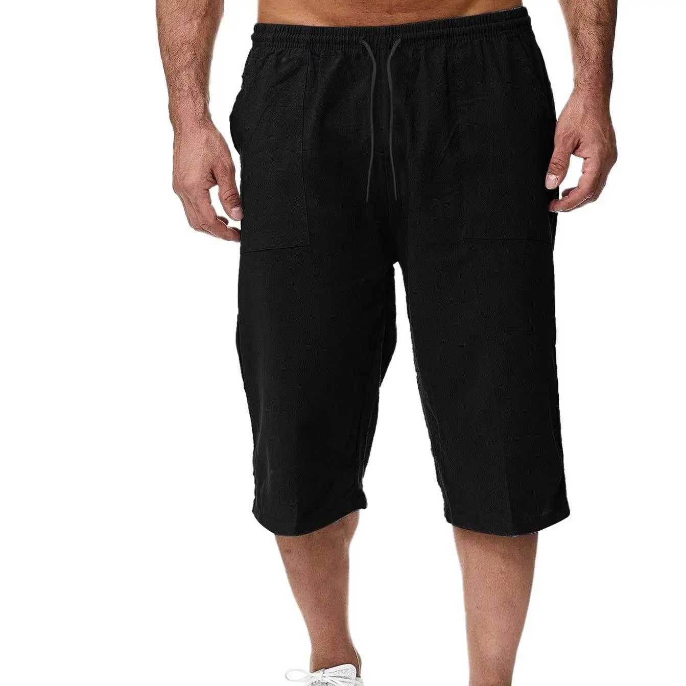 2024 Summer Mens Casual Shorts Cotton Blended Long Elastic Waist Loose Pocket Drawstring 3/4 Length Shorts Daily Street Wear W250319