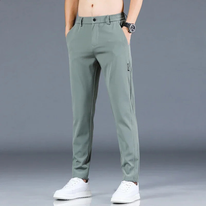 2024 Summer Thin Ice Silk Stretch Mens Pants Casual Elastic Waist Smooth Trouser Pants Male Clothing 5 Colour 250317
