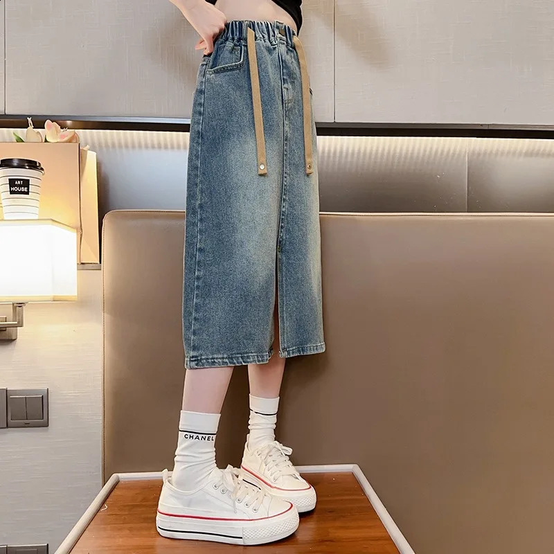Girls Denim Skirt Spring and Autumn Large Childrens Long Skirt Childrens Fashion Slit Skirt Childrens Wear 250319