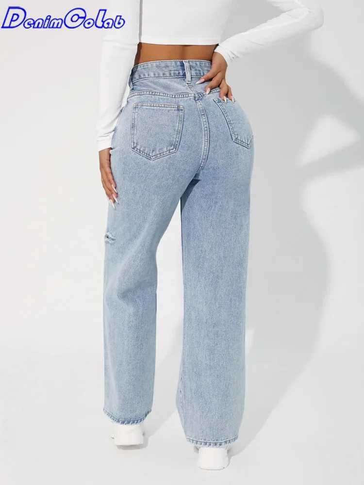Denimcolab high waisted straight pants fashionable hole knee jeans womens loose boyfriend jeans womens streetwearT250319