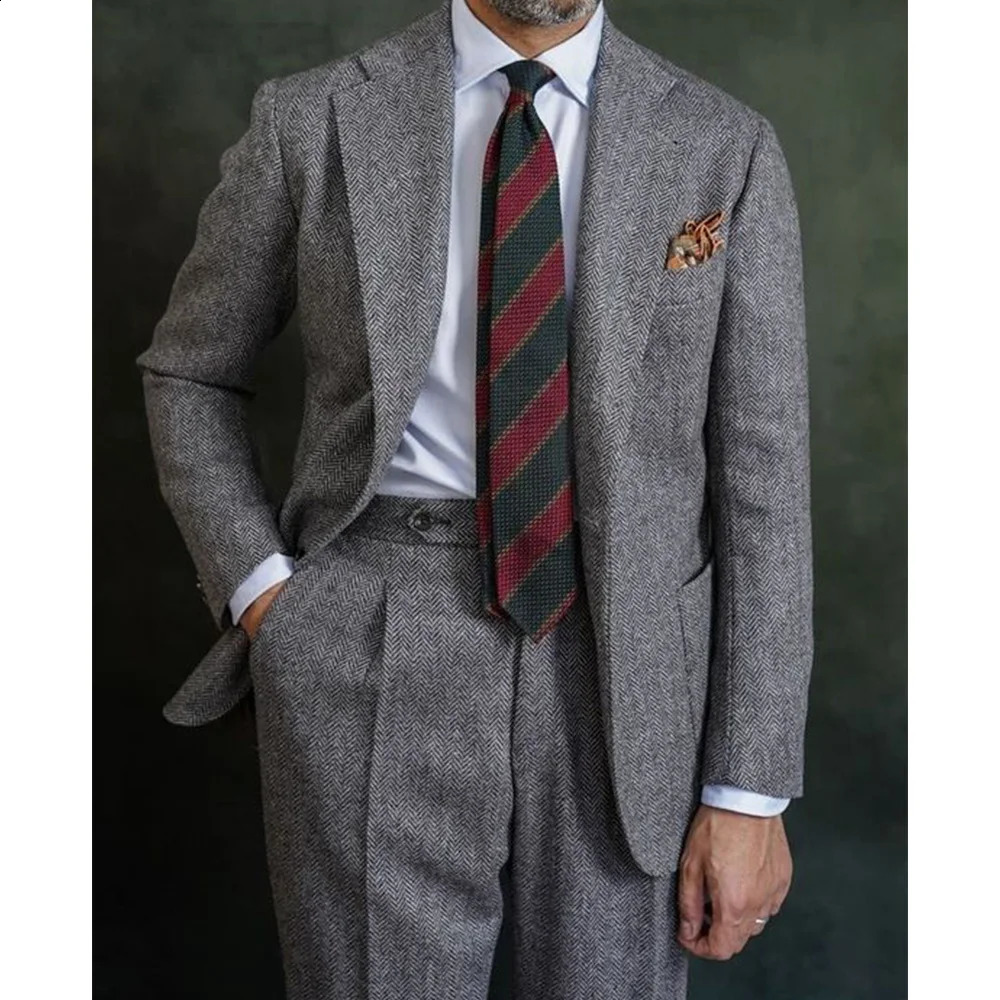 Mens Herringbone Suit Two Piece Elegant Pants Set Casual Clothing Halloween Party 250311