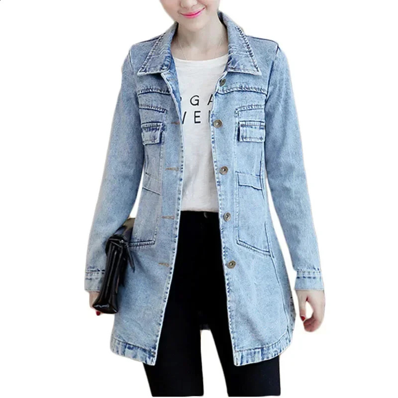 Autumn Winter Korean Denim Jacket 5XL Women Slim Long Base Coat Womens Frayed Navy Blue Casual Female Jeans Jackets Coats 250319