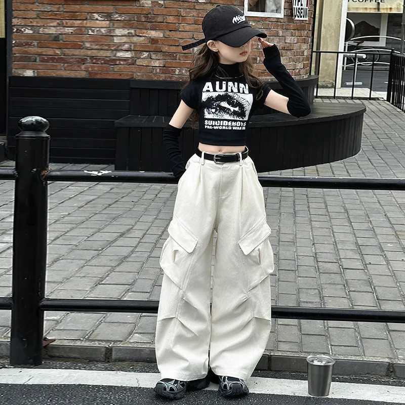 spring teen girls Wide leg cargo pants junior kid Casual cargo pants trousers Broken sleeve t-shirt Hip hop jazz street danceT250318