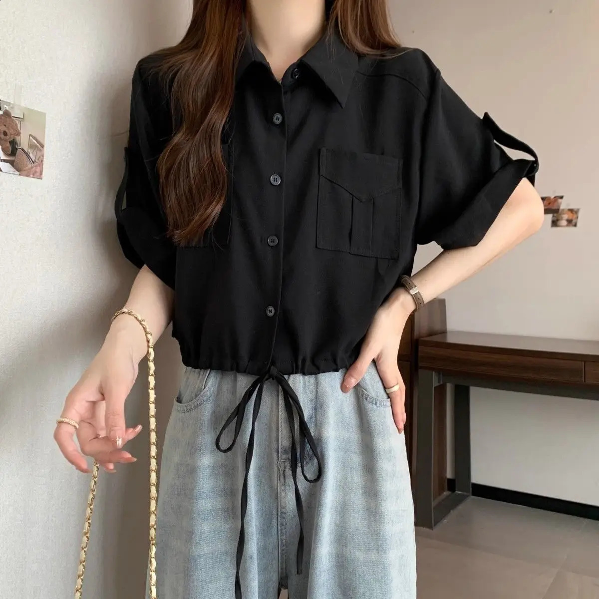 American workwear lace womens summer short top thin large fat MM loose fit n sleeved shirt 250318