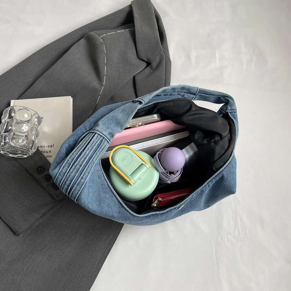 Women Vintage Shoulder Large Capacity Denim Simple Hobo Solid Color Versatile Shopping Female Daily Commute Bag