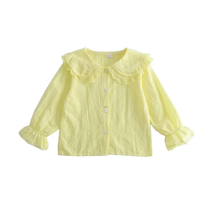 Korean Little Girl Spring Autumn Shirts Single Breasted Solid Color Lace Collar Long Sleeve Children Girls Tops Baby 250319