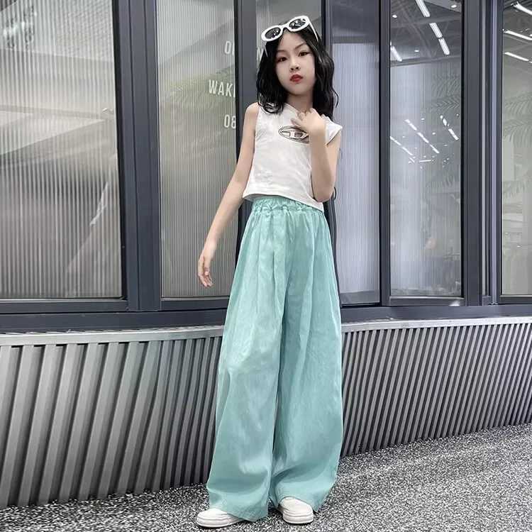 Girls Trouser Loose and Versatile Wide leg Pants Fashion Solid Color Folded Pants Casual Simple StyleT250318