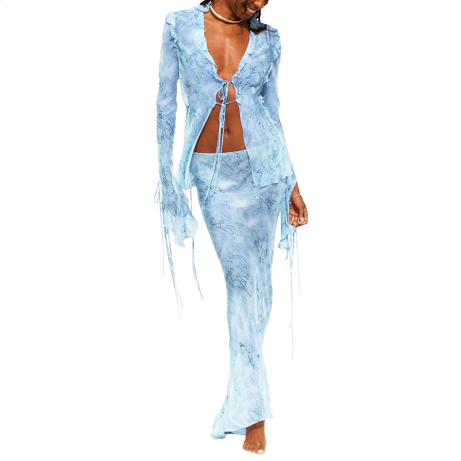 Y2K Beach Outfits Graphic Print 2 Piece Set Ruffles Mesh Front Tie Up T Shirts Crop Top Maxi Skirt Bodycon Women Fairy Grunge 250319