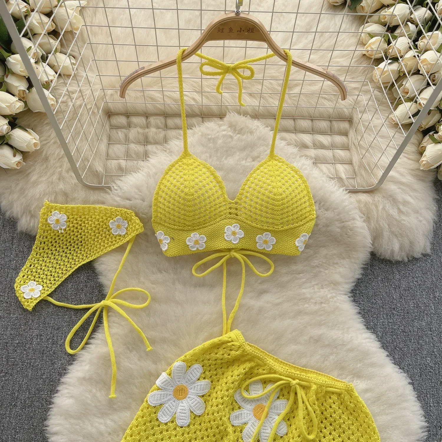 Summer Hollow Knitted Set Womens Strap Lace Bow WaistDrawstring Split Mini Skirt Two Piece 250318