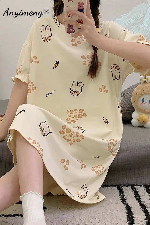 Summer womens pajamas plus size home ice silk night dress short sleeved Oneck 150Kg knee length 250319