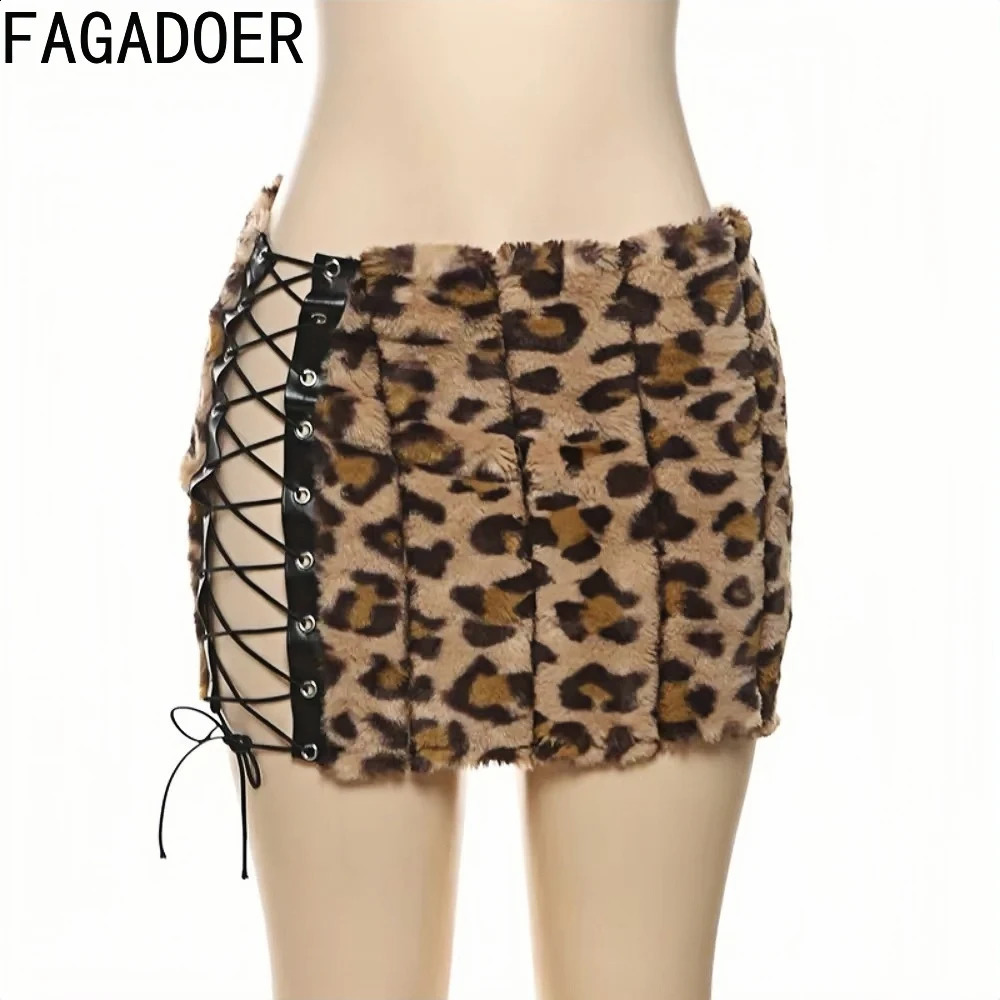 FAGADOER Leopard Fur Skirts Women Y2k Punk Gothic Bandage Lace-up Mini Skirts Girl Fashion Streetwear Autumn Clothing 250319