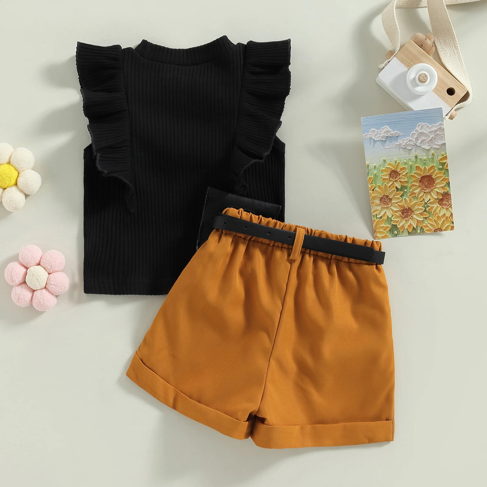Children infants girls summer clothing flight sleeves ribbed tank tops and elastic casual shorts with belt set 9M4T 250312