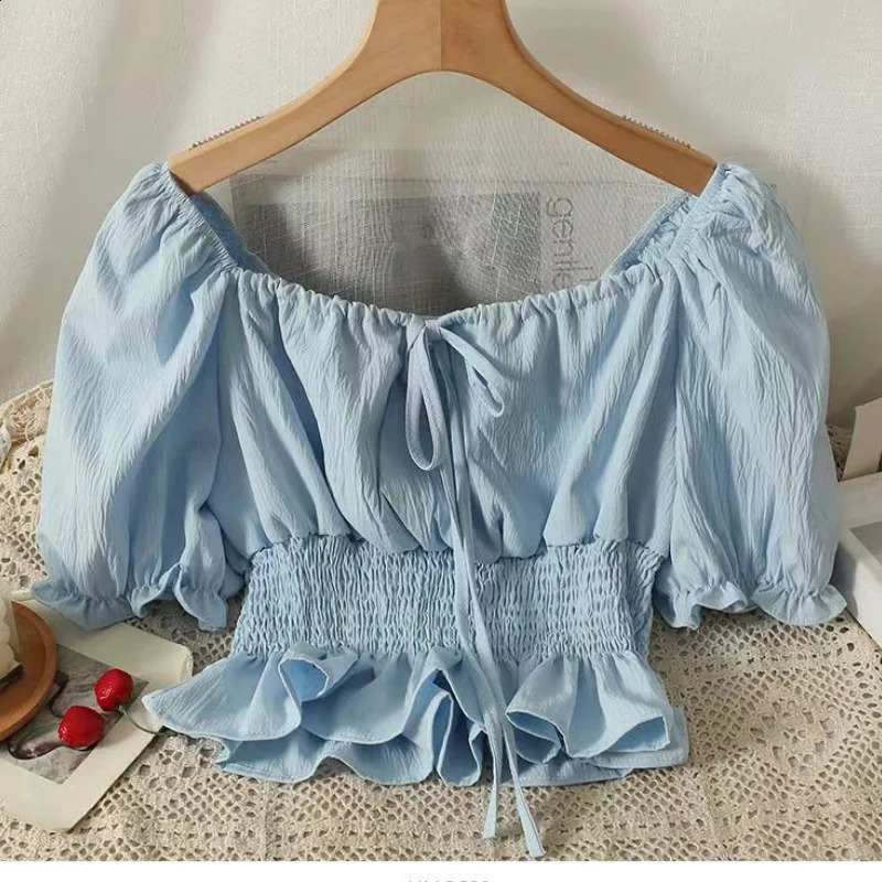 Womens French style shirt and ruffled single line collar short sleeved elastic waist for weight loss casual sweet elegant crop top 250319