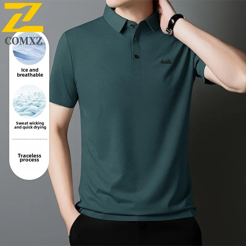 High quality ice silk mens shirt with fashionable printed comfortable and breathable elastic top casual lapel polo shirt 250317