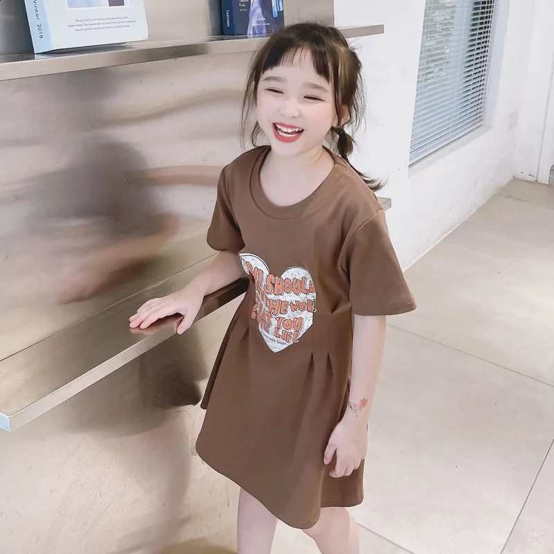 Family Clothing Summer Leisure Love Short Sleeved Dress Fashionable Brown Waist Collection Mother and Daughter Clothing 250319