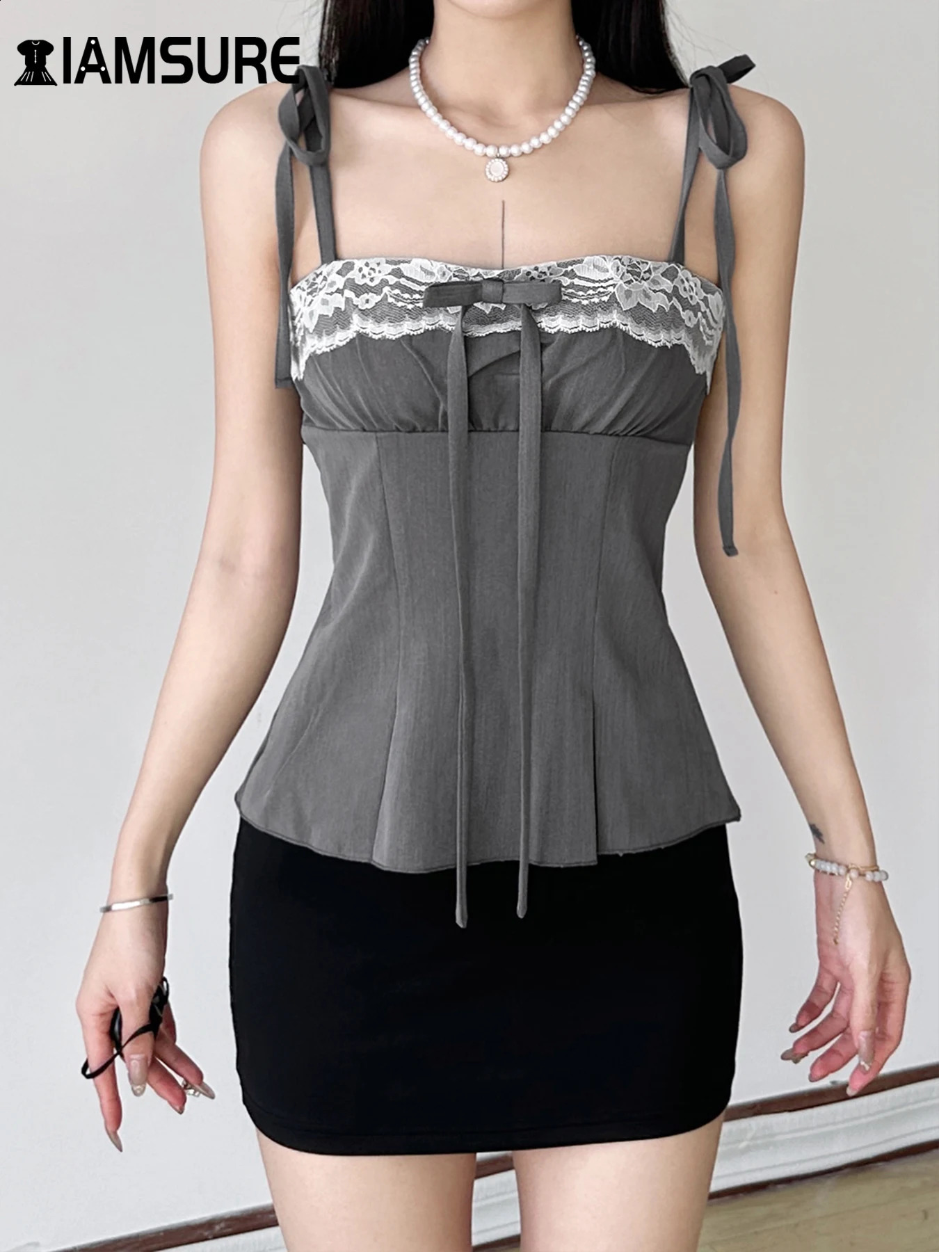 IAMSURE Sweet Lace Trim Bandage Camis Top Holiday Slim Slant Neck Sleeveless Tank Womens 2025 Summer Fashion Street Clothing 250319