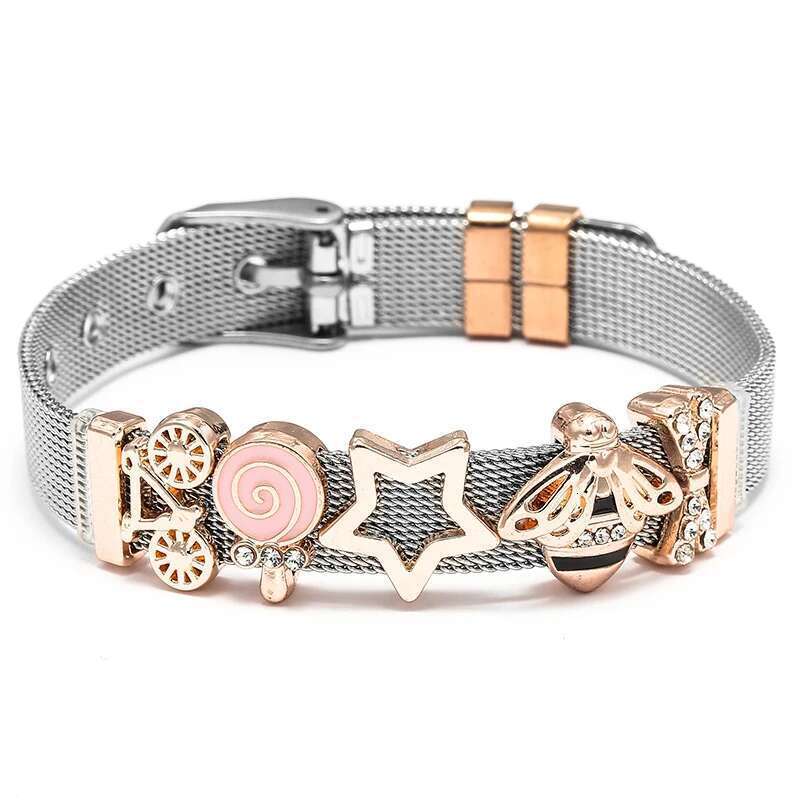 10mm Stainless Steel Mesh Bracelets Original Bicycle Star Beads Charm Keeper Bracelets Bangles For Women Men Boy Jewelry Gift