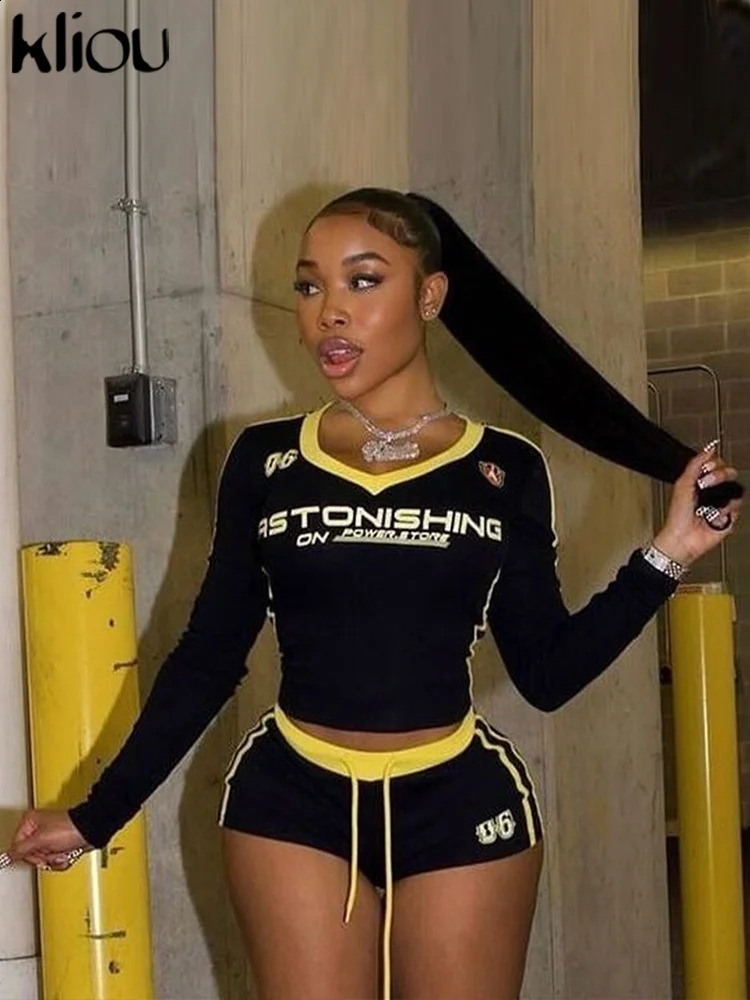 Adhesive Letter Print Panelled Women 2Piece Set Sporty Autumn Matching Full Sleeve Slim TeesBandage Shorts Female Track Streetwear 250318