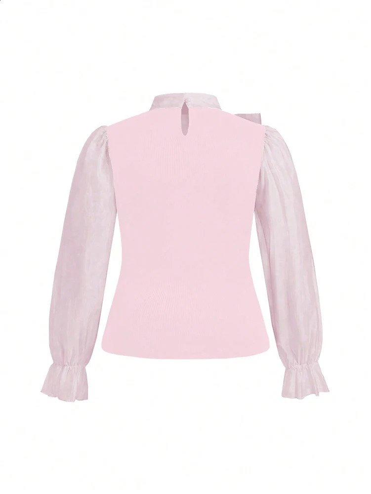 Plus size womens elegant comparison bow long sleeved ALine office shirt business pink black brown spring 250319Z