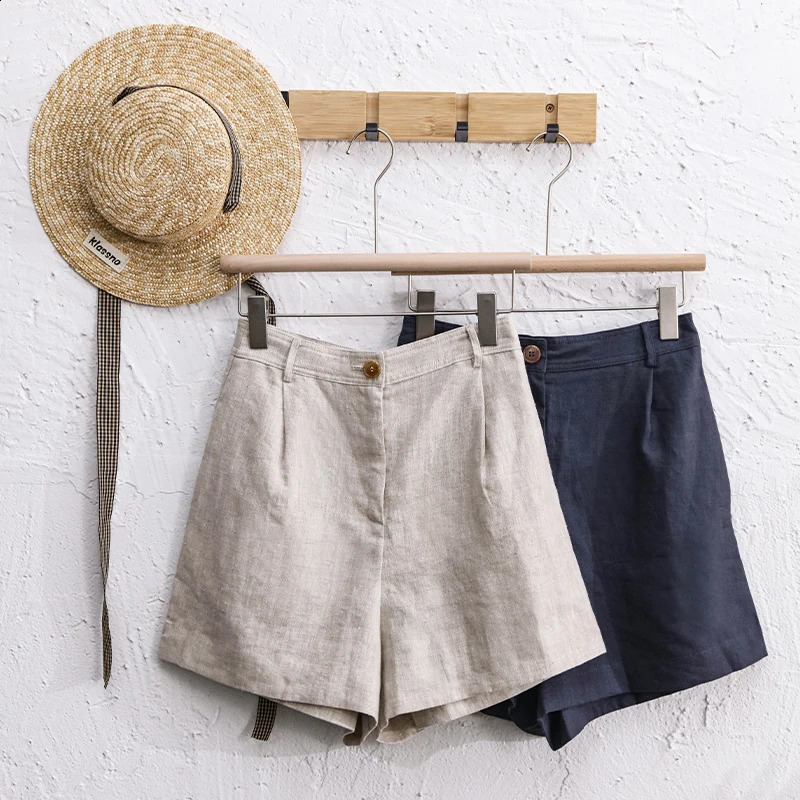 Summer 100% Linen WomenS Shorts Casual High Waist Wide Leg Button Up Elegant Ol Short Pants Femme 250318