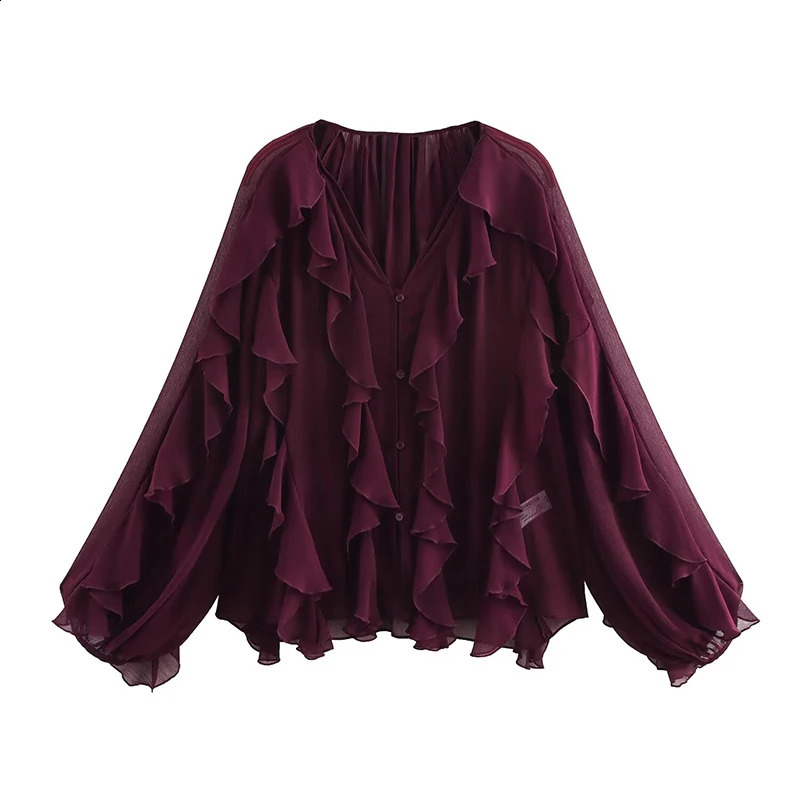Willshela Womens Fashion Solid Ruffle Single Chest Shirt Retro Vneck Long Sleeve 250319
