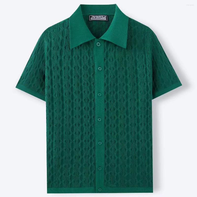 Mens Polos Spring Summer Knit Polo Shirt Men Casual Turn-down Collar Button Solid Geometric Pattern Top Ice Silk Tee Vintage Cardigan
