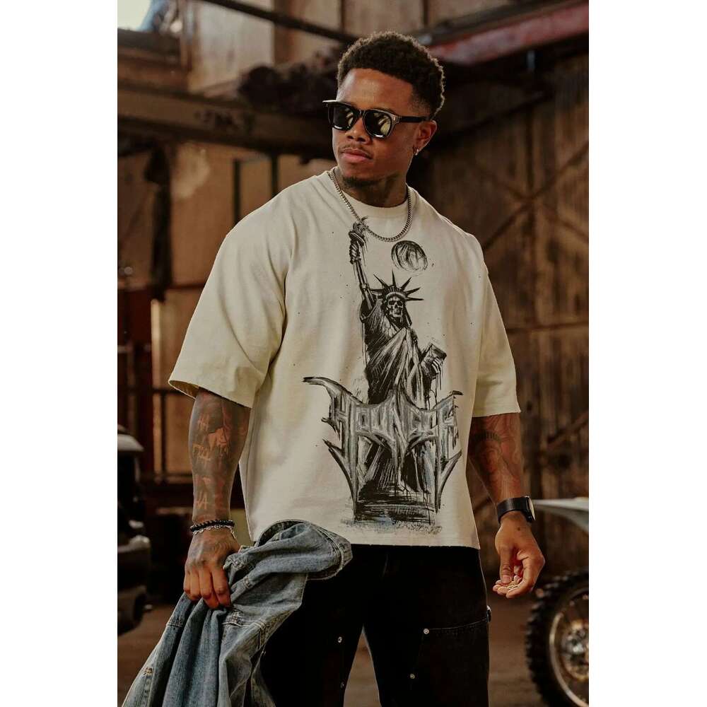 Men's oversized short sleeved T-shirt, retro American style, street hip-hop, loose fit, outdoor, sports, fitness