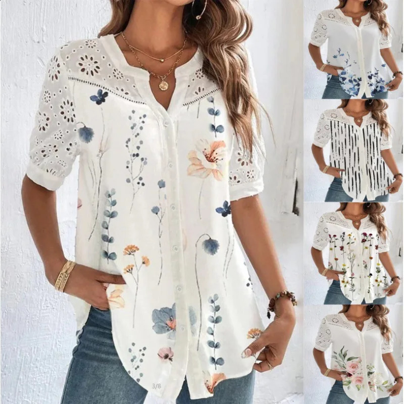 Leisure Flower Printed Cardigan Hollowed Out Blouses 2025 Fashion Lapel Short Sleeved Shirt Womens Top Camicette Femme 250319