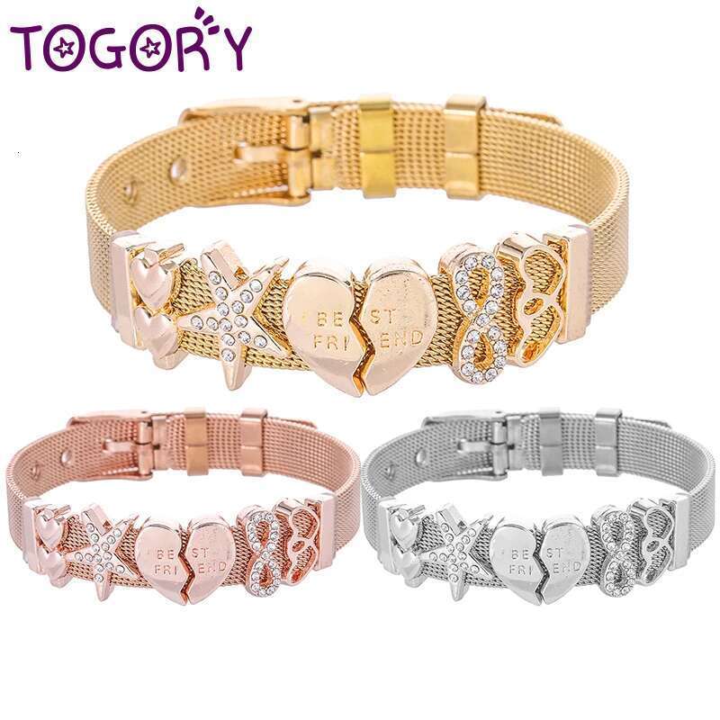 10mm Crystal Heart Starfish Beads Stainless Steel Mesh Bracelets DIY Charm Keeper Bracelets Bangle For Women Men Jewelry Gift