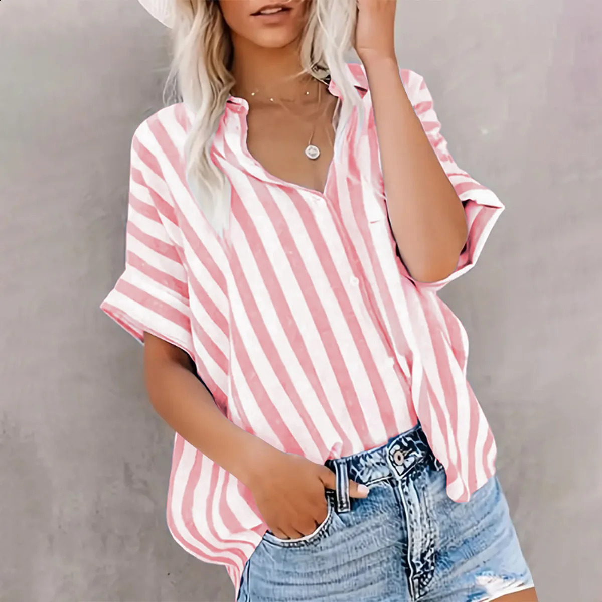 2025 Spring Summer Ladies Blouses Daily Casual Long-Sleeved Shirt Street Fashion V-Neck Shirt Striped Printed Womens Shirt 250318