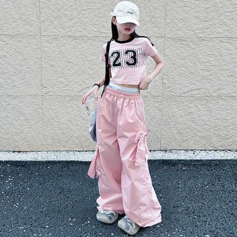 Girls work pants 2024 summer new childrens summer breathable casual pants girls loose straight leg wide leg pants 120-170CMT250318