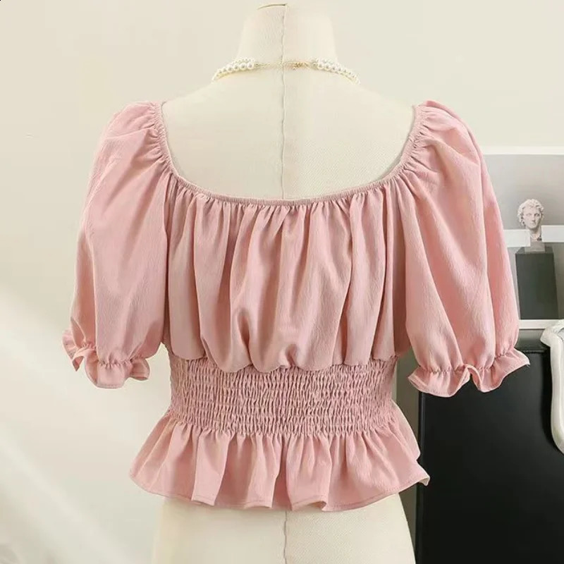 Womens French style shirt and ruffled single line collar short sleeved elastic waist for weight loss casual sweet elegant crop top 250319