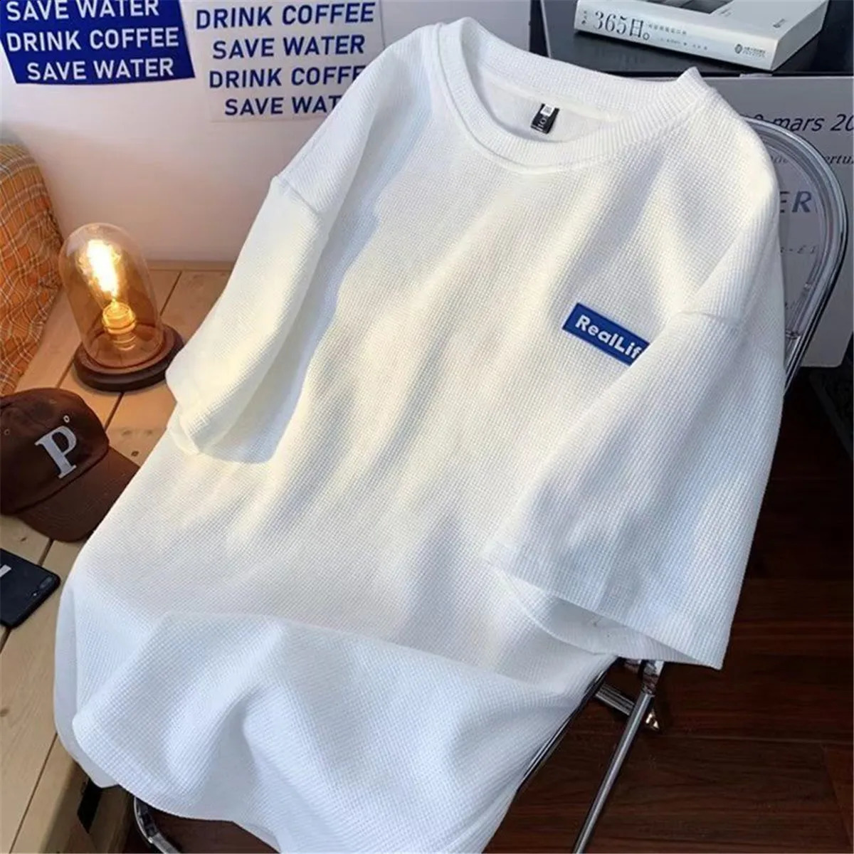 Fashion Waffle T-shirts For Men Basic Tee Casual T shirt Oversized Tops Quality Unisex Short Tshirts Tees Men Clothing 250319