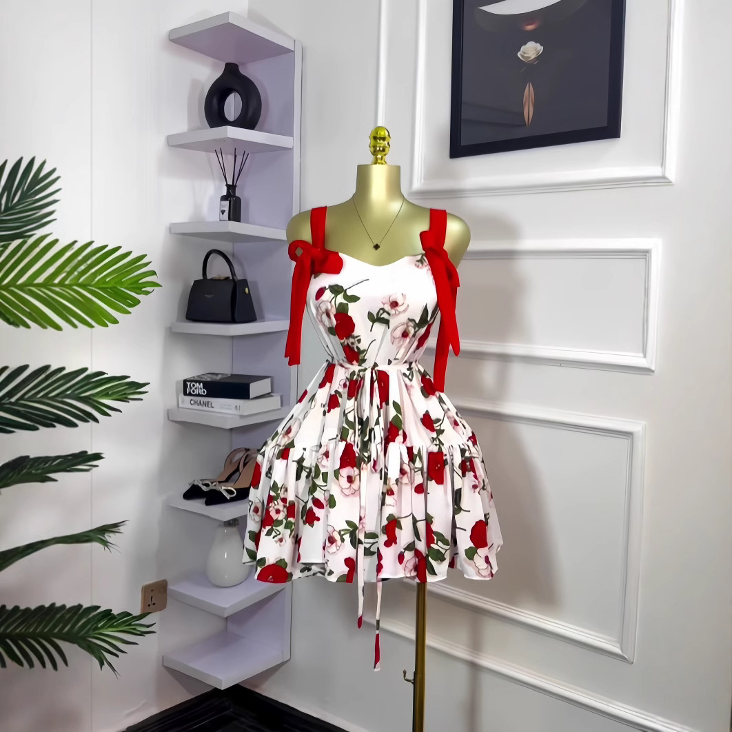 Women's 2025 Spring New Sleeveless Printed Shoulder Bow Strap Folded Short Dress