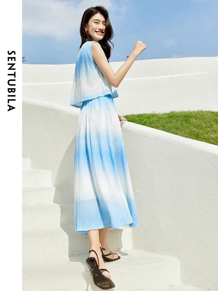 SENTUBILA Women Summer Skirt Set 2025 Blue White Gradient Cropped Tank Top Flowy Midi Skirt Womens Vacation Outfits 142Z54315 250318