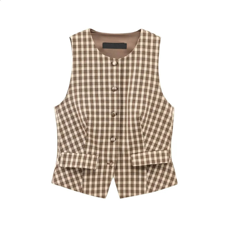 Women 2 Piece Set Elegant Plaid O-Neck Single Breasted Pocket Decorate Vest TopChic Zipper Pleated Slim Mini Culottes 250318