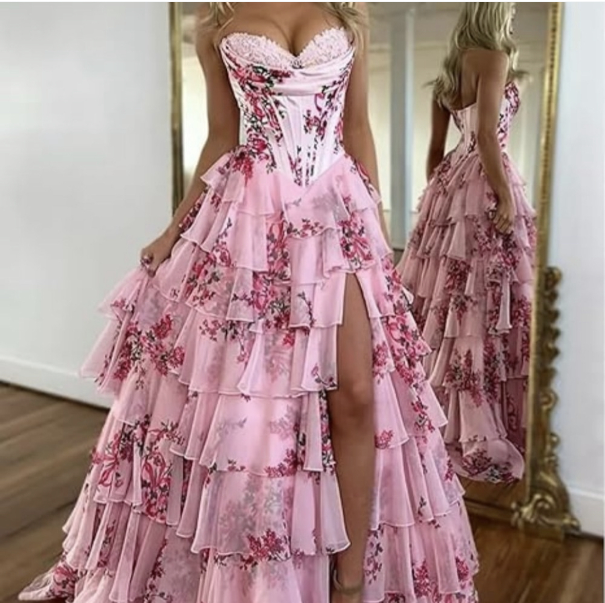 Ruffles Tiered Floral Chiffon Prom Dresses High Slit A-Line Sweetheart Neckline Sleeveless Long Pink Evening Gown Girls Boutique Special Occasion Dres