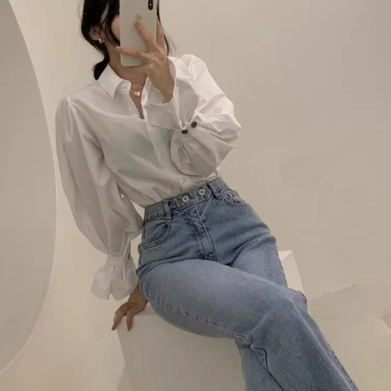 French office ladies elegant white shirt Korean fashion matching womens and fluffy sleeves trend 250319