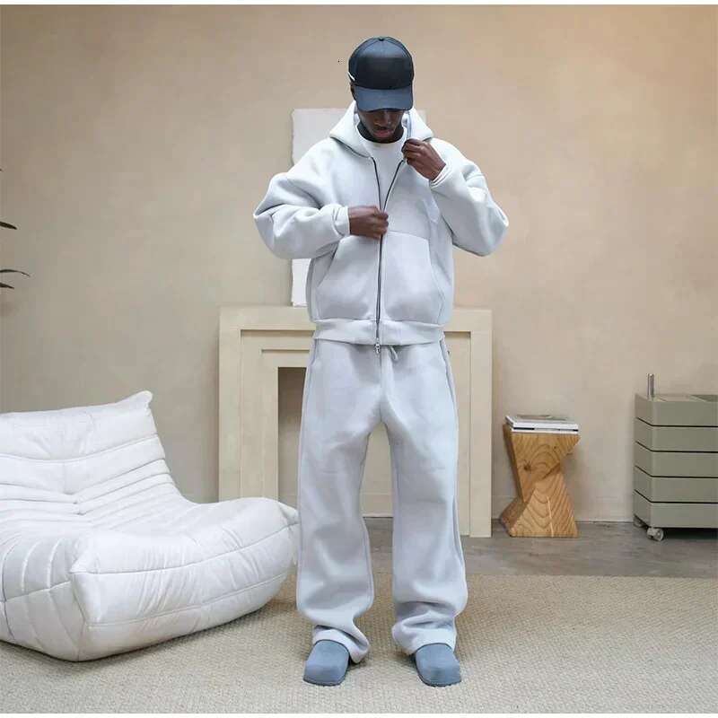 American Fashion Solid Color Fleece Oversized Sweatshirt Men's Two-Piece Y2k Haruku Hip-Hop Gothic Joker Slacks Jogging Pants