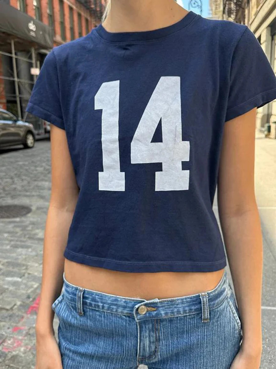 American Vintage 14 Print Navy T-shirts Summer Round Neck Short Sleeve Cotton Cropped Tees Streetwear Casual Basic Pullovers Top 250319