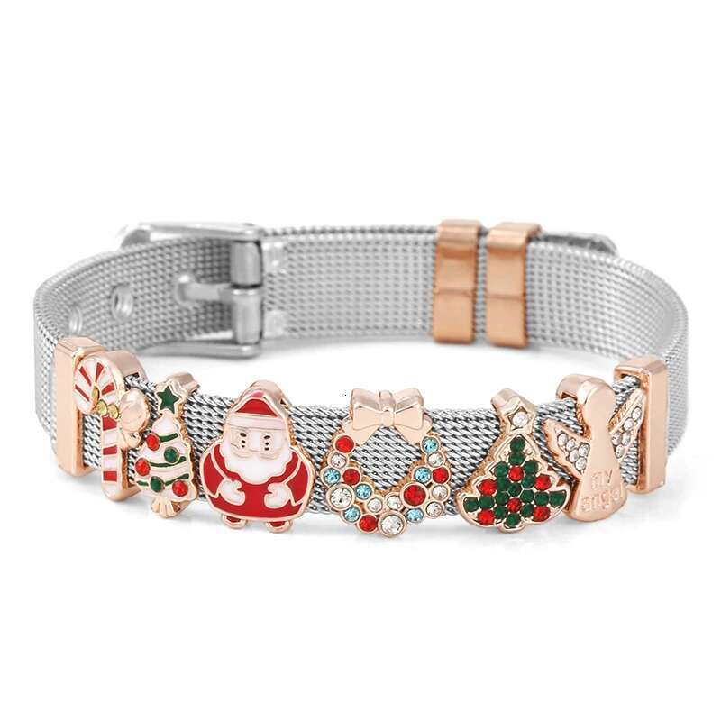 2024 Trend Santa Claus Slide Charm Beads Bracelet Fit 10mm Stainless Steel Mesh Bracelets for Women Men Christmas Jewelry Gift