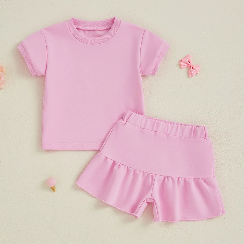 Toddler Girls Summer Outfit Solid Color Short Sleeves T-Shirt and Elastic Ruffle Shorts Set Cute 2 Piece Clothes 250319