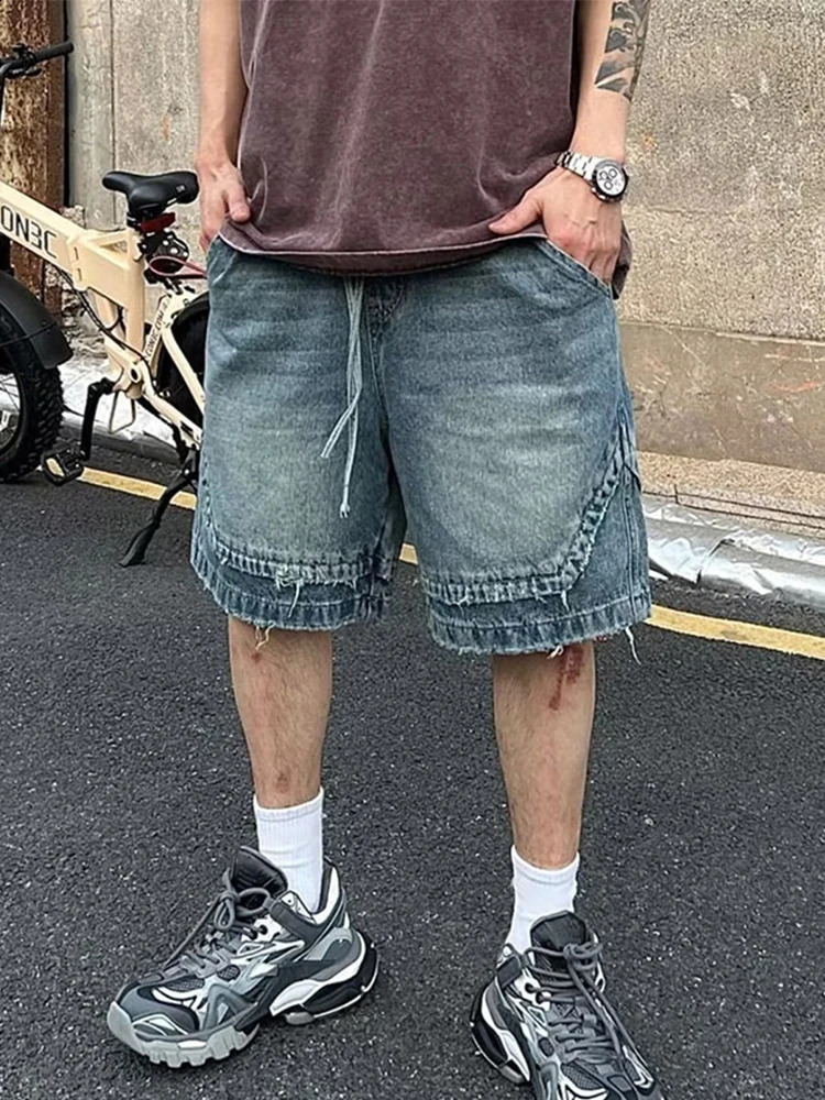 Mens Vintage Lace Up ned Denim Shorts Summer High Waist Knee Length baggy Jeans Casual Fashion Streetwear Trousers 250319