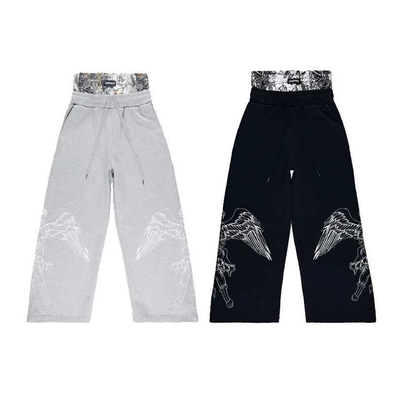 Y2K retro sweatpants high street print camouflage double waist straight leg pants angel pattern solid color men women casualwear X250319