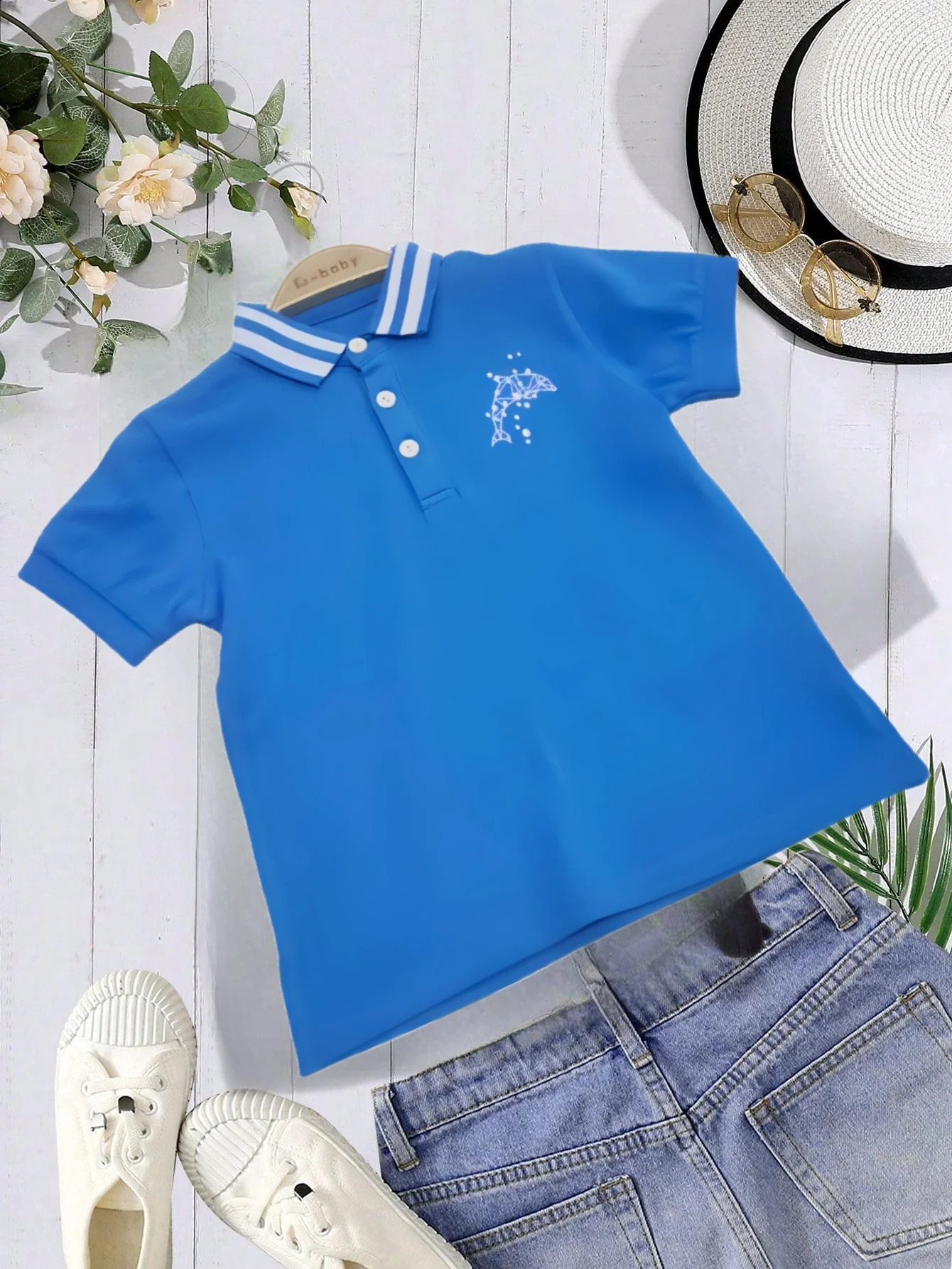 Summer boys style embroidery color contrast lapel single breasted blue short sleeve T-shirt breathable comfortable POLO shirt to 250319