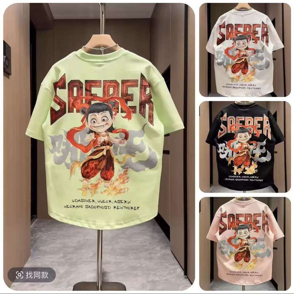 2025 Summer New Trendy Brand Nezha Printed Color Painting Rascal Handsome Casual Men's Short sleeved T-shirt Couple Top Primer
