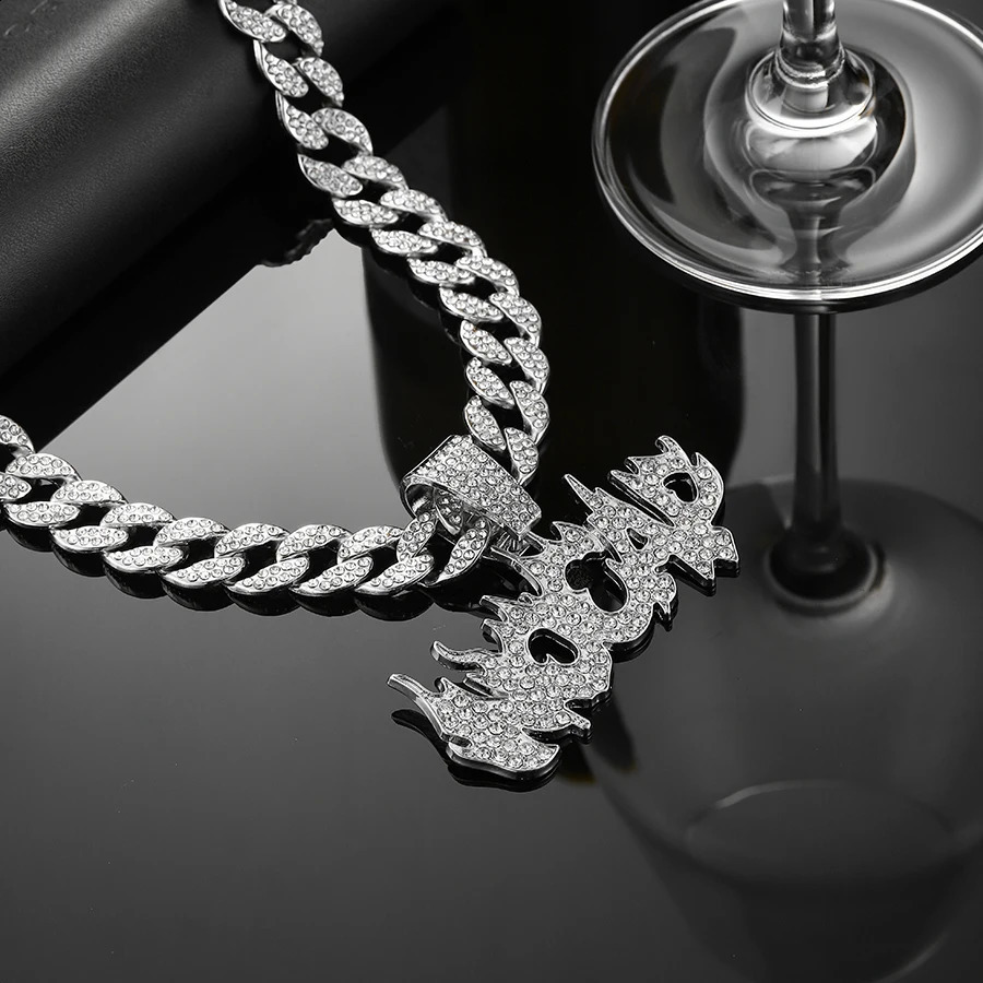 NL2119 Purple NOCAP Cuban Chain Jewelry Alloy and Rhinestone Hip Hop Flame Letter Pendant Necklace Rock Jewelry 250313