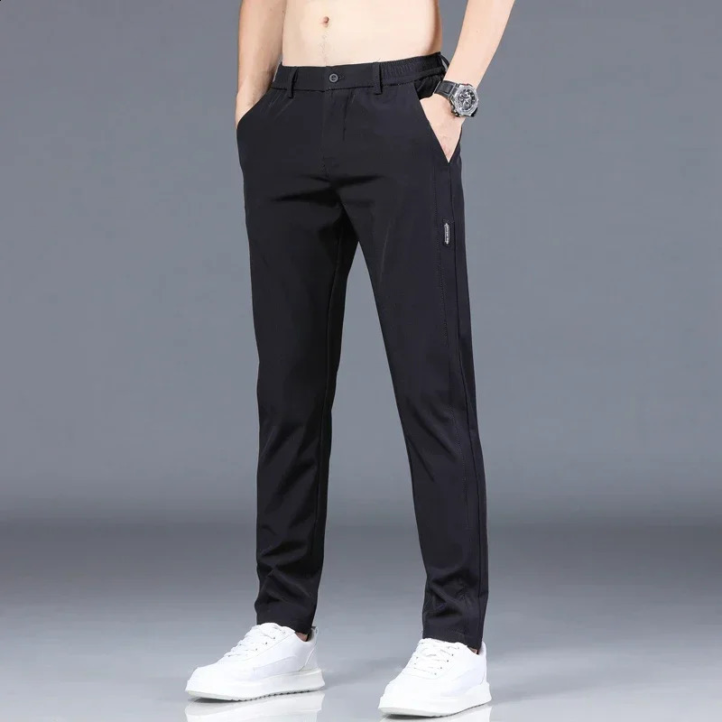 2024 Summer Thin Ice Silk Stretch Mens Pants Casual Elastic Waist Smooth Trouser Pants Male Clothing 5 Colour 250317